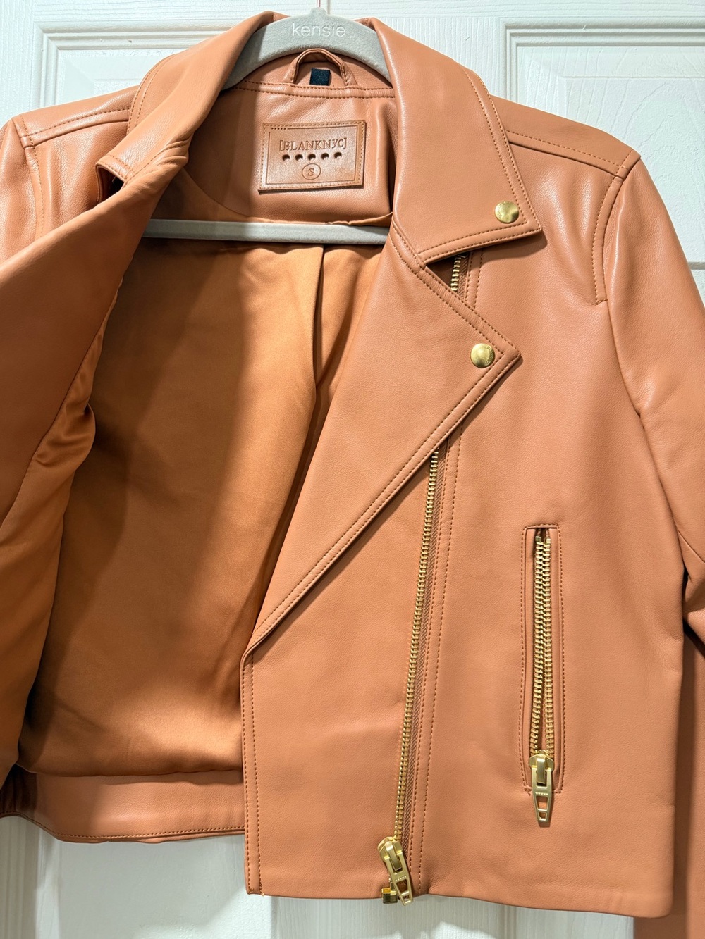 Blank NYC Cognac Faux Leather Moto Jacket with Gold Hardware